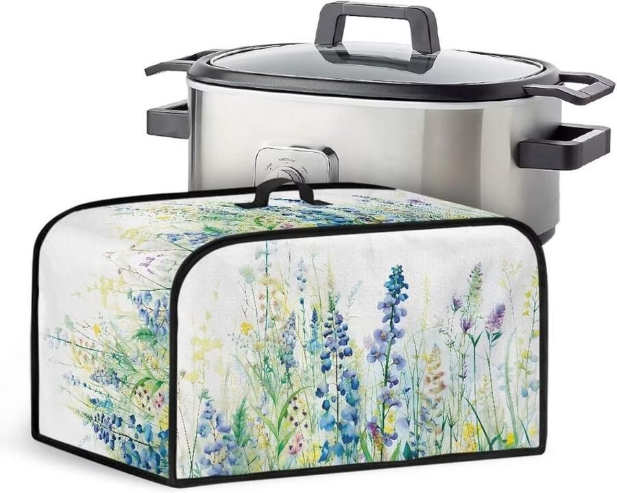 Slow Cooker Cover Slow Cooker Dust Cover with Mesh Pocket and Top Handle Electric Oval Slow Cooker Cover Dustproof Cloth Cover for Women Gifts Blue Green Floral