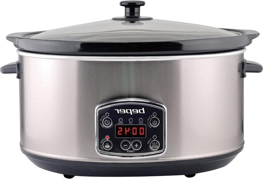 Slow Cooker Stoofpot Pan Langzaam Koken Digitale Timer 4.5 Liter Zwart en Staal