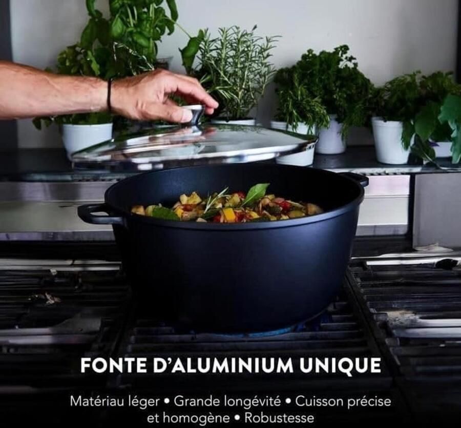 Slowcooker hoog 32 cm + glazen deksel 10 liter gegoten aluminium keramiek