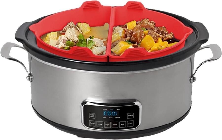 Slowcooker Liner Separator Silicone Voering Maaltijden Voorbereiden Dubbele Kookzones 6-8QT Rood
