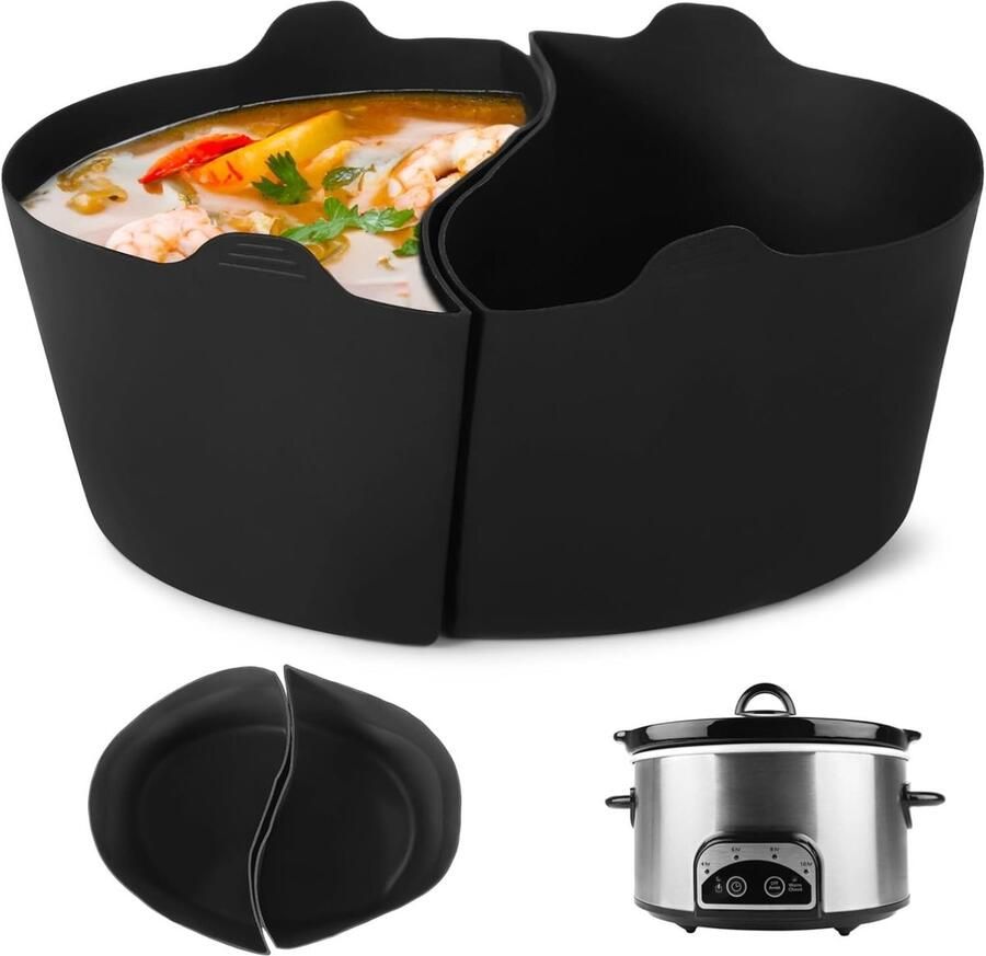 Slowcooker Liners Herbruikbare Siliconen Dubbele Maaltijden 2-in-1 Divider 6 Quart Zwart