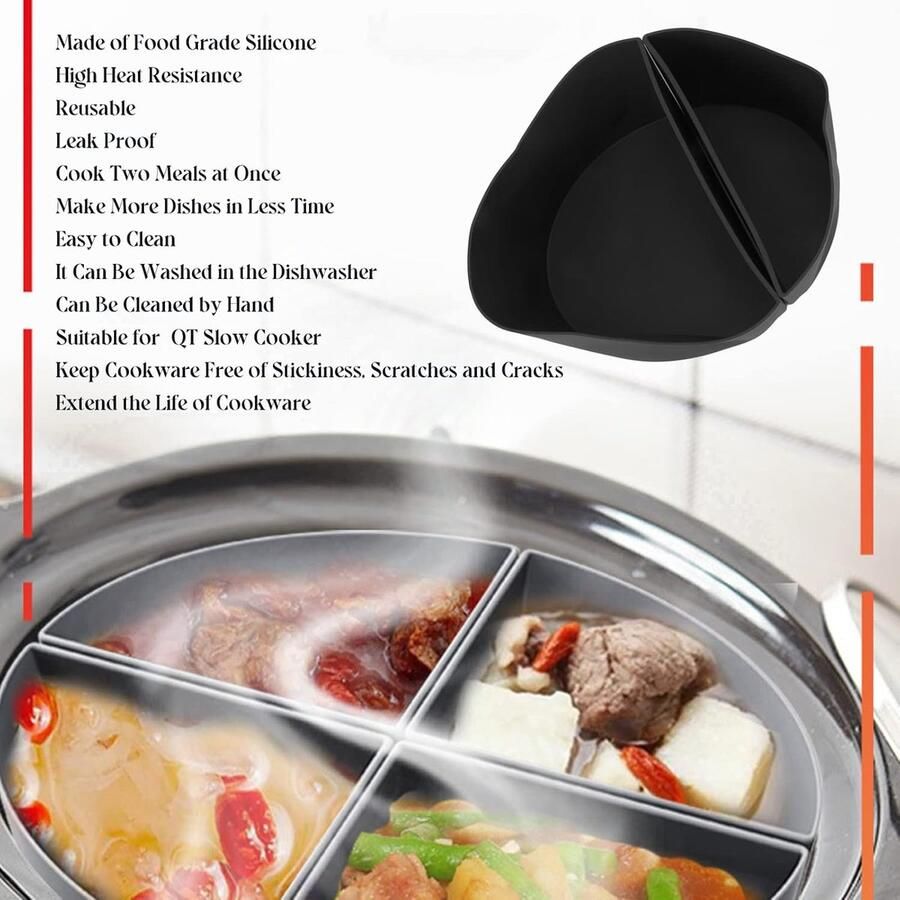 Slowcooker Scheidingsinzetstuk Verdeler Pot Twee Maaltijden Koken Lekvrij Siliconen 6 Liter Zwart