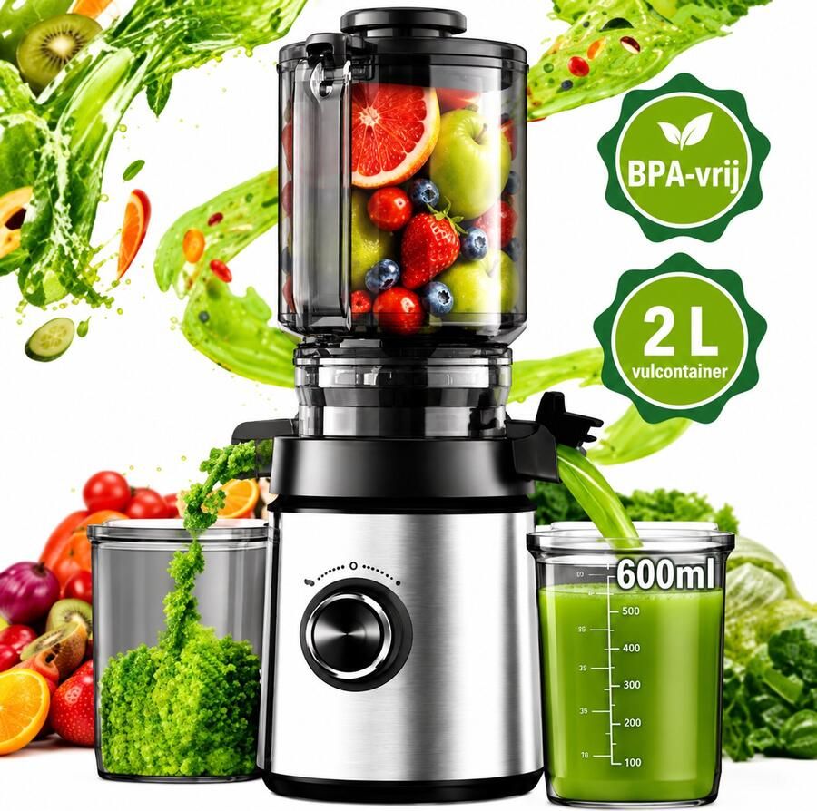 2L Slow Juicer Sapcentrifuge voor Groente en Fruit 130 mm brede vulopening XXXL hoge sapopbrengst koude persing BPA-vrije onderdelen eenvoudig te reinigen