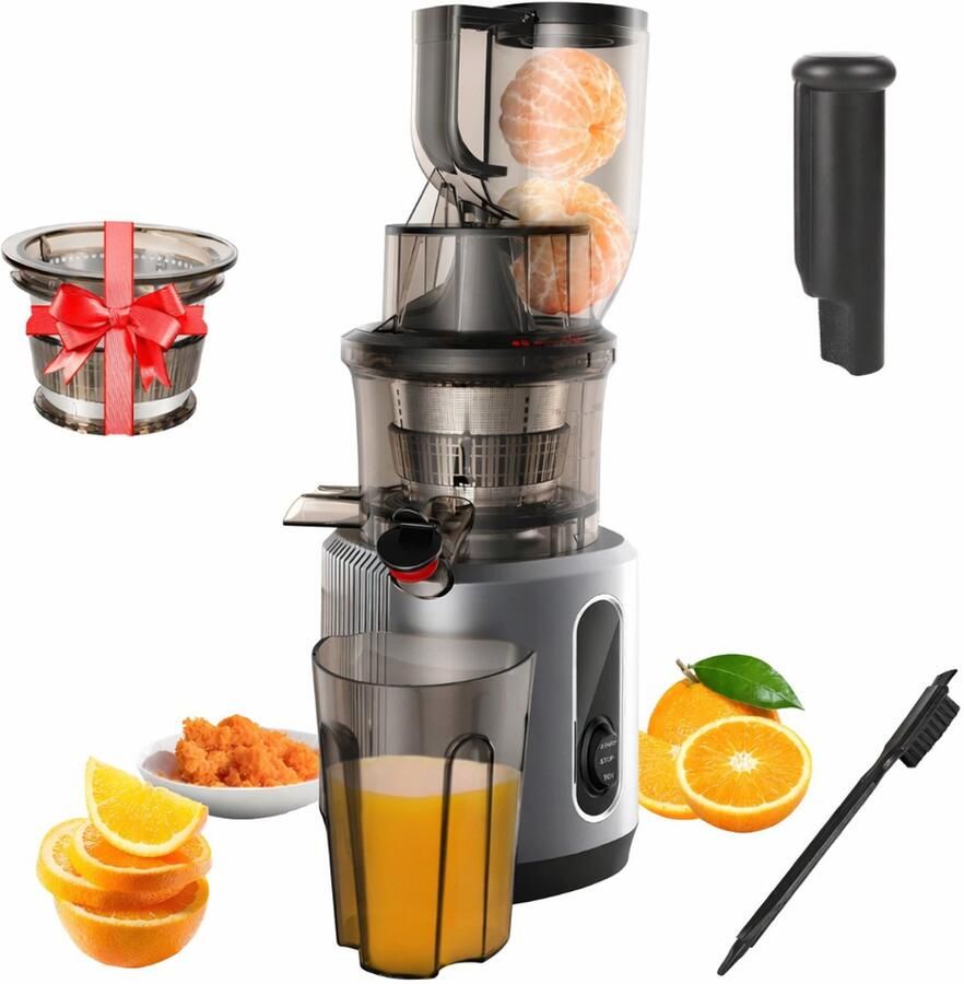 Slowjuicer 200W Koudpers Sapcentrifuge met 75mm Brede Invoergoot Hele Vruchten en Groenten zonder Snijden Stille DC Motor 40-65 RPM Hoge Sapopbrengst BPA-vrij Tritan Materiaal Eenvoudig Schoon te Maken Blauw