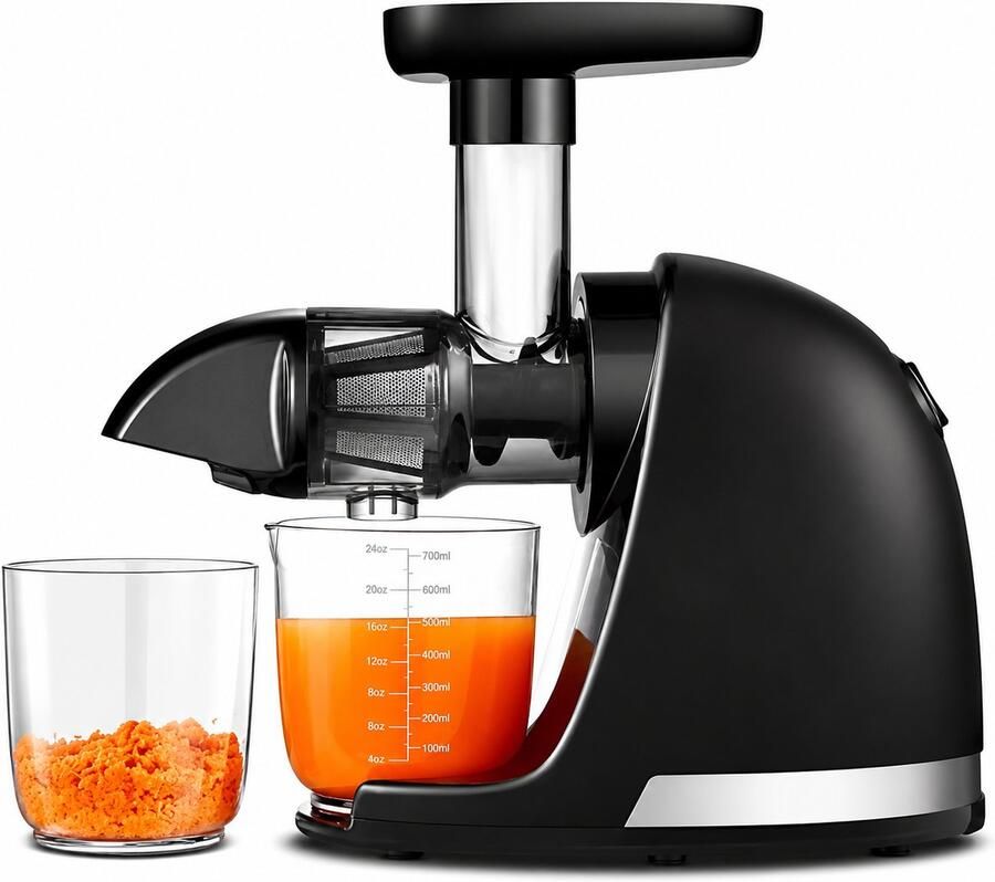 Slowjuicer Koudpers Sapcentrifuge Elektrische Vruchtenpers voor Groente en Fruit Hoge Sapopbrengst RVS en BPA Vrij Materiaal Mat Zwart 36 x 16 x 35 cm Geschikt voor Dagelijks Gebruik Met Fijnfilter en Reinigingsborstel