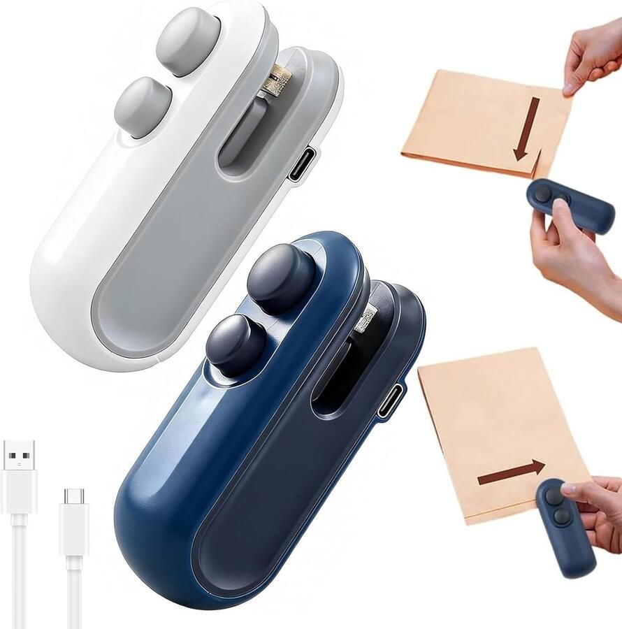 Sluitmachine Mini-sluitmachine Draagbare sluitmachine USB-C oplaadbaar 2-in-1 sluitmachine Handsluitmachine met magneet voor chips- en snackzakjes (wit + blauw)
