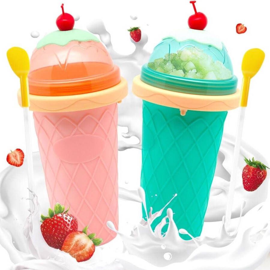 Slush Cup Set 2-delige slushy maker beker set 500 ml Siliconen knijpbeker met rietje en lepel Zomercadeau voor kinderen Groen poeder