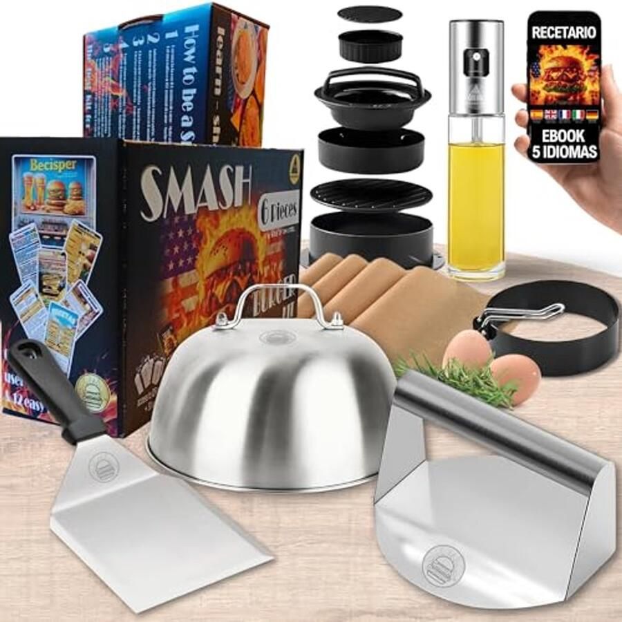 Smash Burgerset Hamburger set Thuis koken Professionele roestvrij staal 14 x 14 x 7 cm Zilver