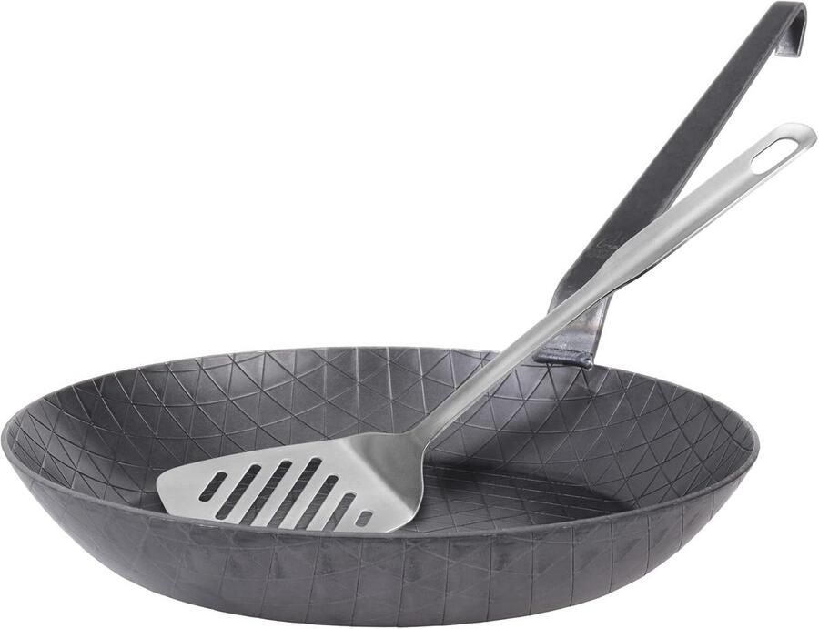 Smeedijzeren braadpan met haaksteel Ø 28 cm – Extra hoge rand ongecoat en geribbeld – Professionele ijzeren pan