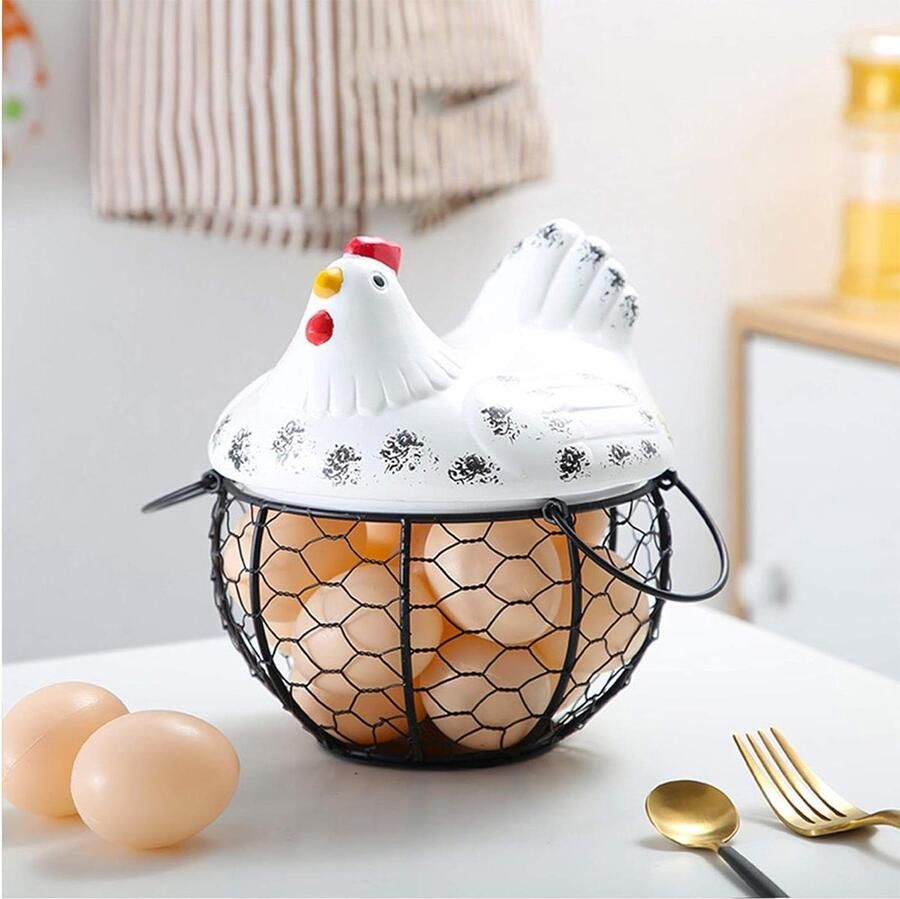Smeedijzeren Eiermand Eierhouder Kip Keuken Opbergen Keramische Kip Decoratie 19x22cm B