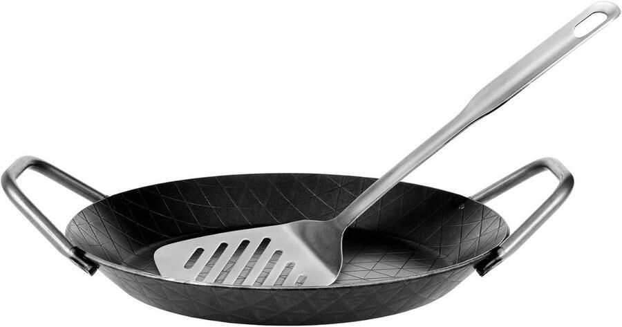 Smeedijzeren serveerpan 24 cm ongecoat geschikt voor inductie hittebestendig tot 400°C met handgrepen en spatel