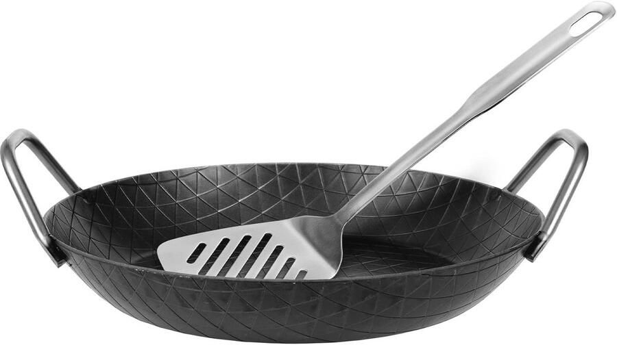 Smeedijzeren serveerpan 28 cm met hoge rand Ongecoate ijzeren pan met 2 grepen