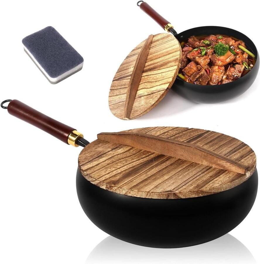 Smeedijzeren Steelpan Japanse Pan Wok Koken en Braden Niet-gecoat IJzer 28 CM Zwart