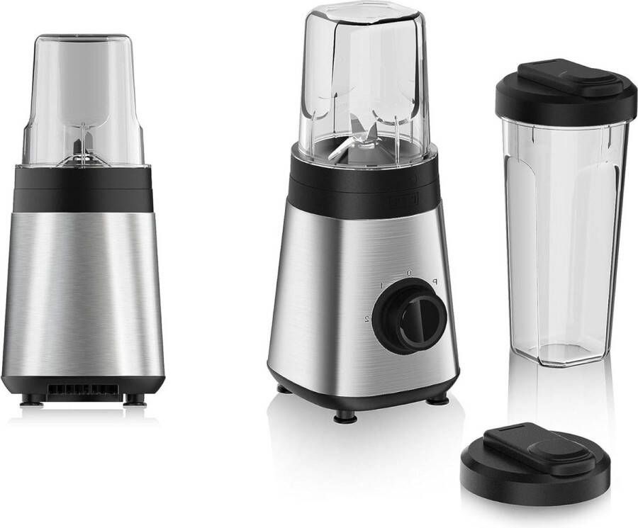 Smoothie Maker Mixer met 300W vermogen Inclusief Smoothie beker van 300ml en 600ml 2 snelheden en pulserende functie roestvrij staal zilver zwart