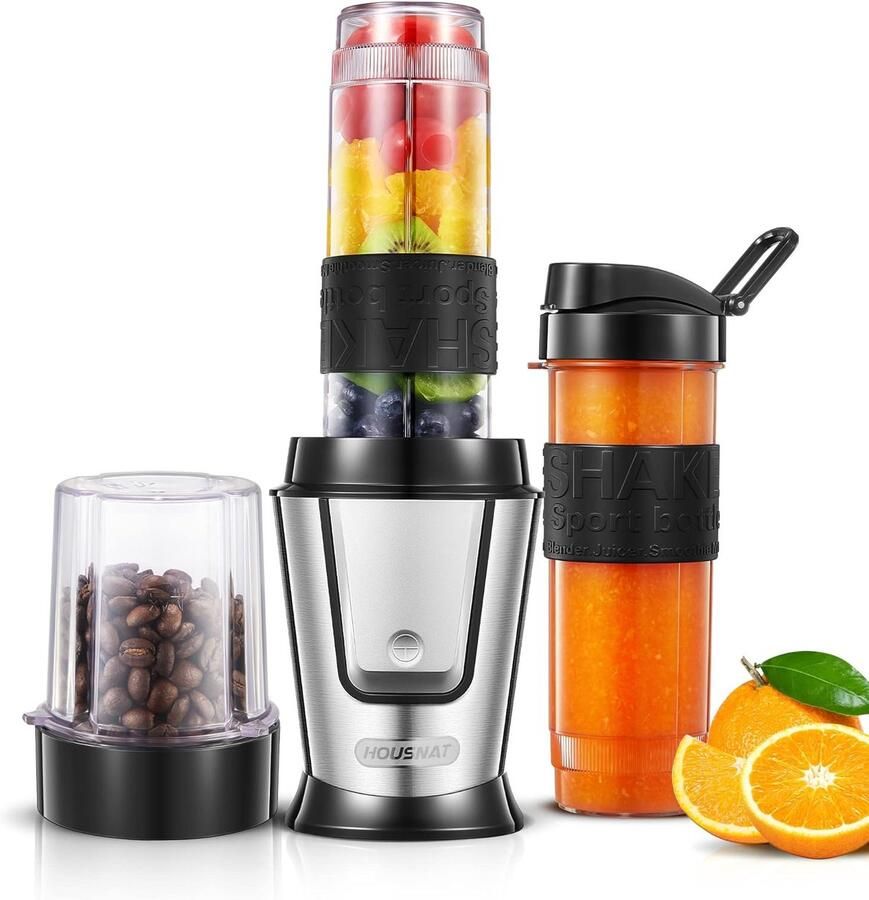 Smoothie Maker To Go 500 W blender mixer koffiemolen 280 ml blender elektrisch met 2 Tritan-kunststof sportflessen 570 ml draagbaar BPA-vrij vaatwasmachinebestendig roestvrij staal