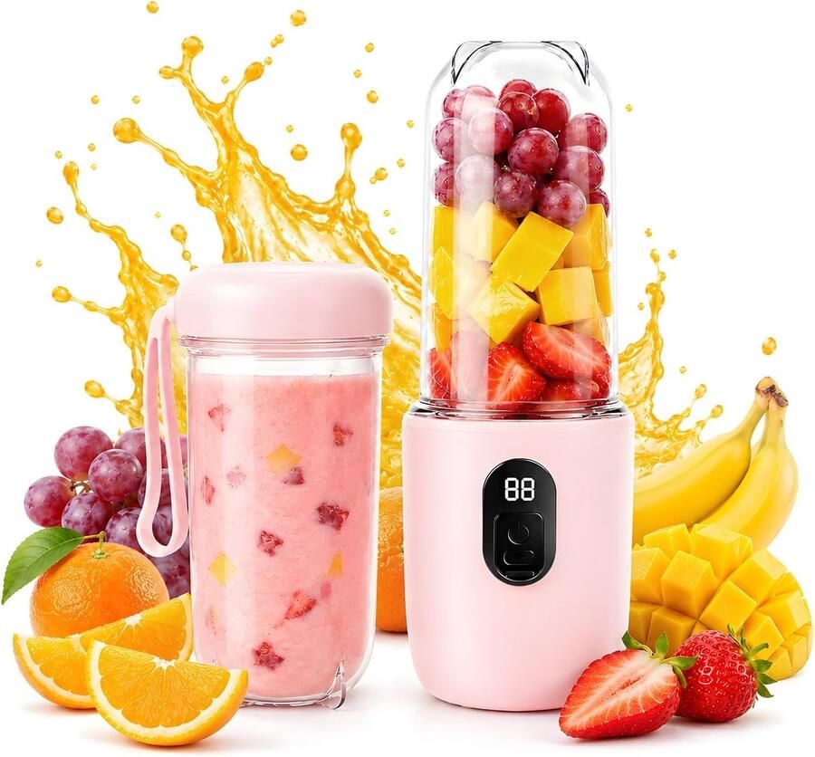 Smoothiemaker 500 ml mixer smoothiemaker to go met digitaal display 16 vellen draagbare mixer voor vers sap oplaadbare Mix to go elektrisch voor reizen keuken roze