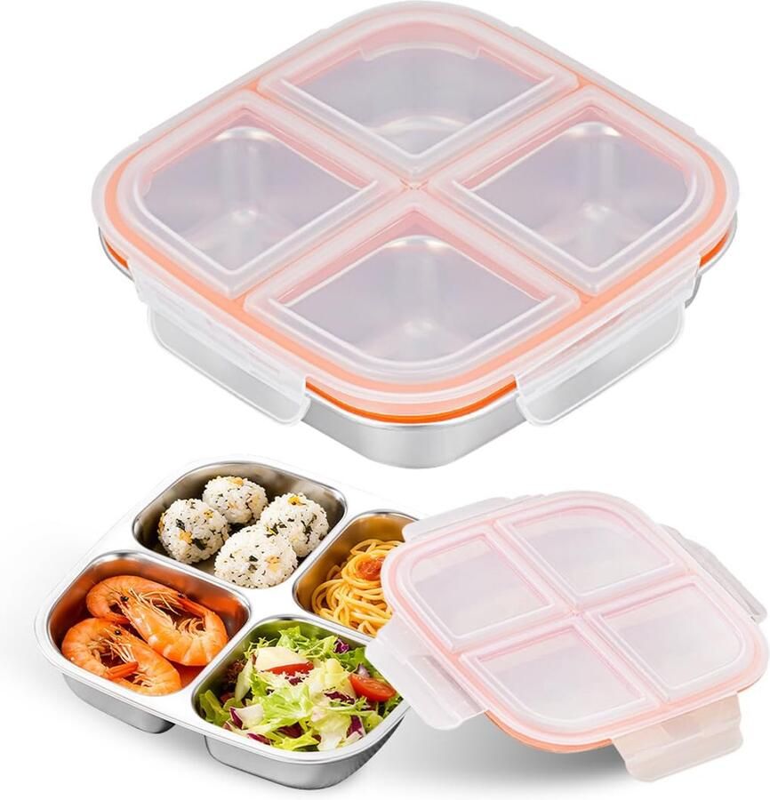 Snackbox met vakken roestvrij staal 2 stuks bentobox lekvrije snackbox met deksel en 4 vakken herbruikbare snackdoos voor kinderen en volwassenen voor school werk en camping 600 ml