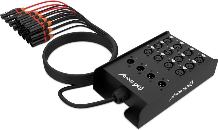 Snake Stagebox Multicore 12 podiumbox met 12 ingangen en 4 uitgangen high-performance DI-behuizing 15 m lange kabel inbegrepen zwarte ingangskabel en rode uitgangskabel 12 stuks