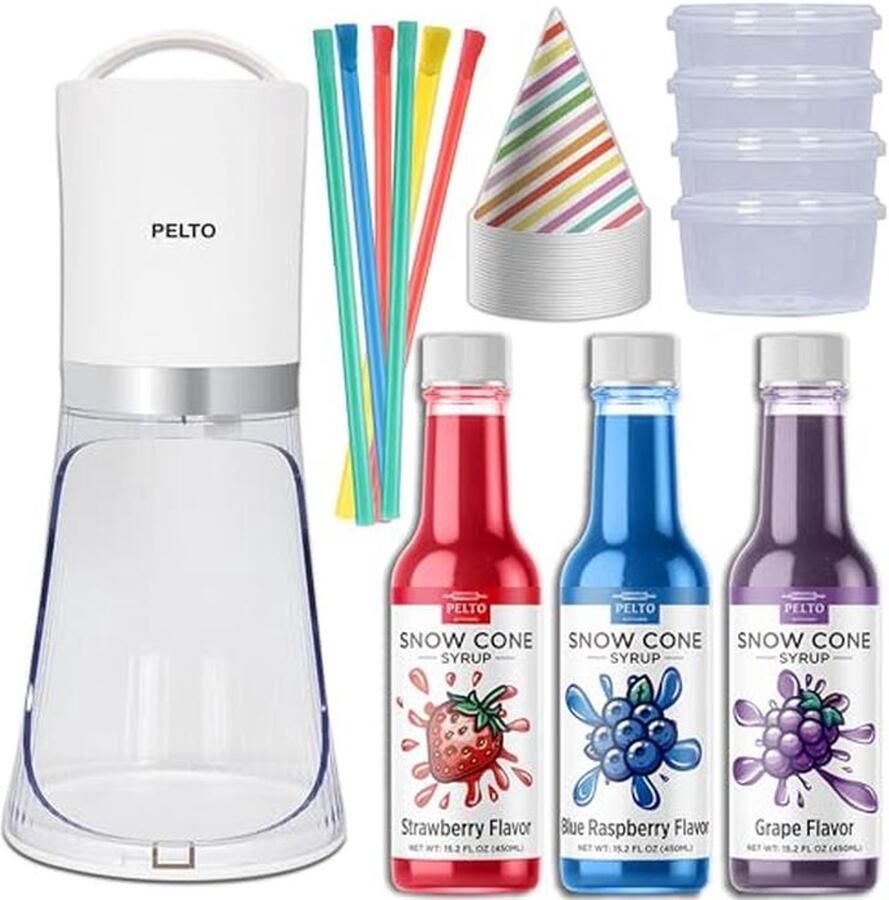 Sneeuwkegelmachine set met 3 smaken en 25 kegelbekers ideale elektrische ijsmaker voor feesten en kinderactiviteiten