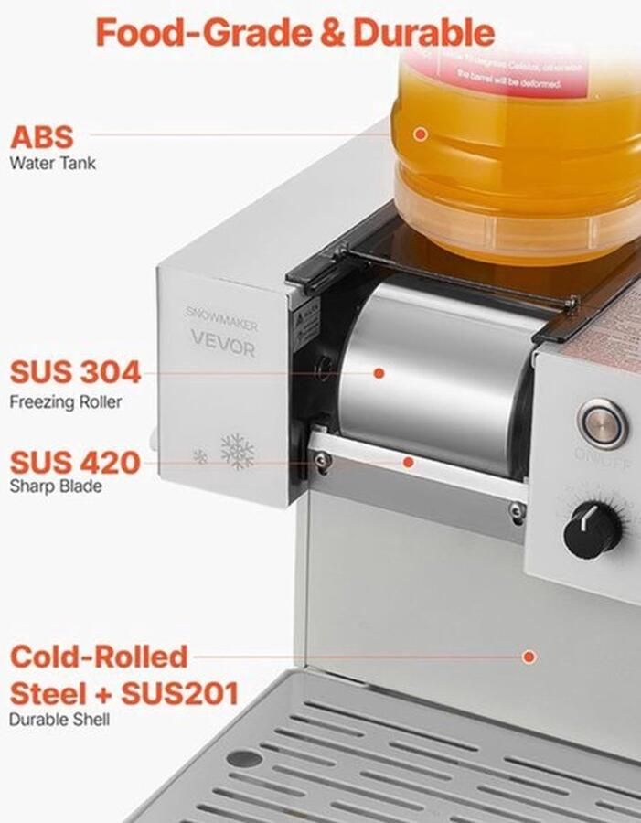 Sneeuwvlok-Ijsmachine – Ijsmachine – Ijscrusher – Bingsu Maker – Ijsblokjesschepper – 60 KG per Dag Capaciteit – Roestvrijstalen Messen en 1 8 Liter Tank