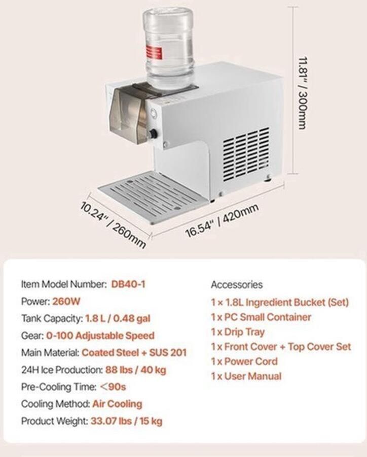Sneeuwvlok-Ijsmachine – Ijsscheerapparaat – Bingsu-Machine – Ijsjesmaker – Ijsvermaler – 40 KG Dag ie – Roestvrijstalen Lemmet & 1 8 Liter Tank