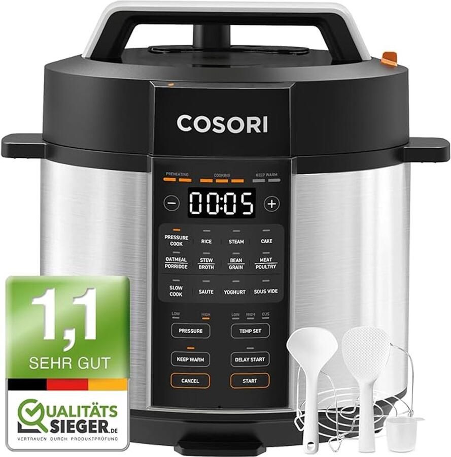 Snelkookpan 5 7 Liter – 9-in-1 Multicooker met 14 Programma's Warmhoudfunctie Keramische Antiaanbaklaag 1100W Zwart