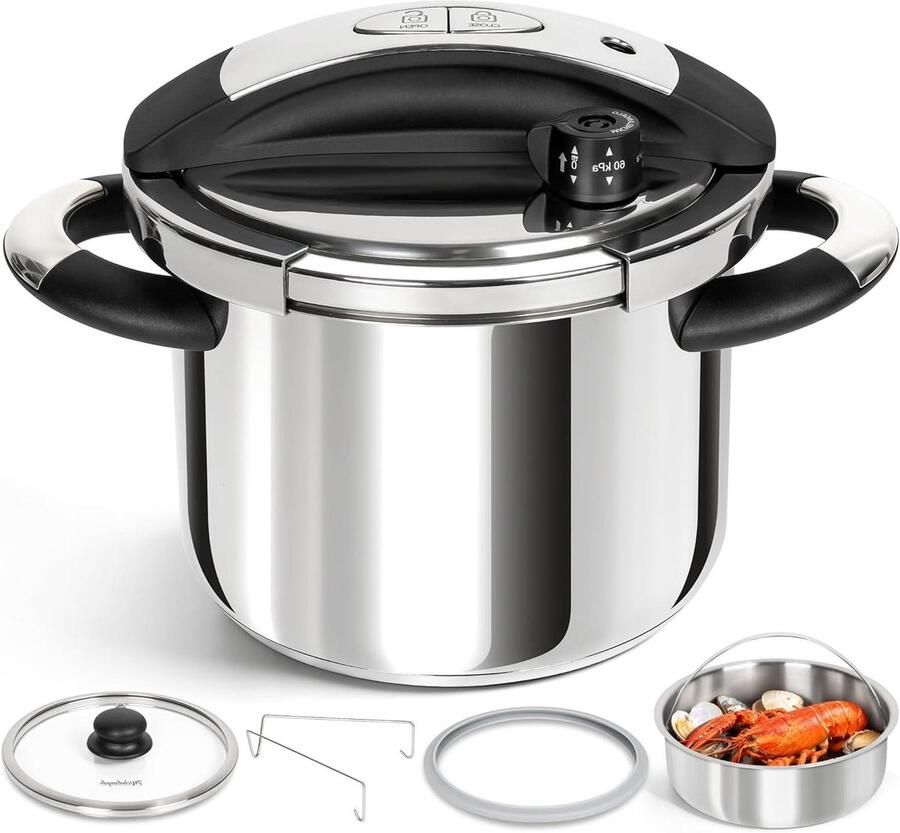 Snelkookpan Drukpan Roestvrij Staal Snel Koken Inductie Compatibel 6.3 Liter Zilver