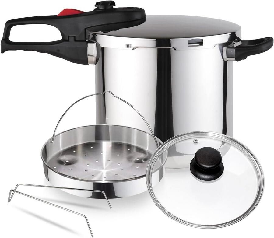 Snelkookpan met Mandje Drukpan Stoofpan Snel Koken 5 Veiligheidssystemen 7.5 Liter Zilver