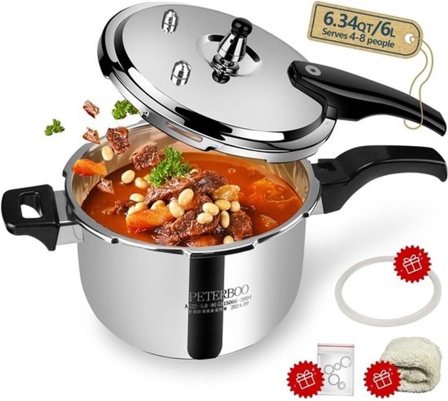 Snelkookpan Roestvrijstaal Drukpan Keuken Snel Koken 3-laags Basis 6 Liter Zilver