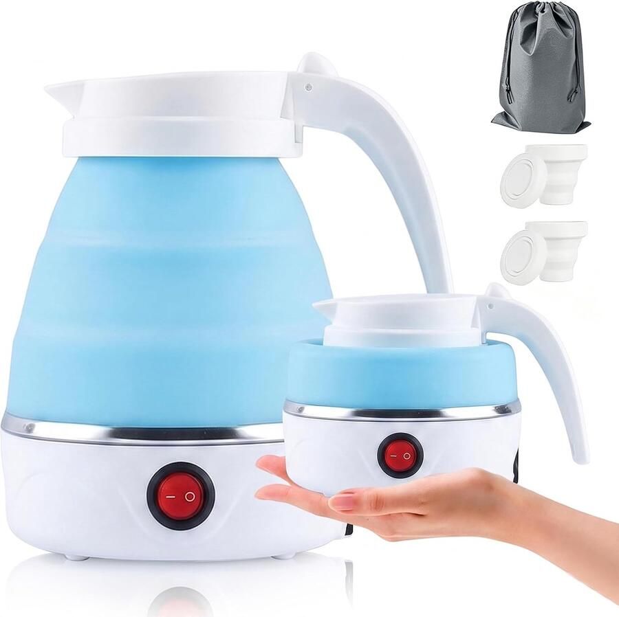 SnelShoppen 0.6L Vouwbare Elektrische Waterkoker 750W met Roestvrijstalen Basis Silicone Camping Theeketel met Automatische Uitschakeling Lichtgew