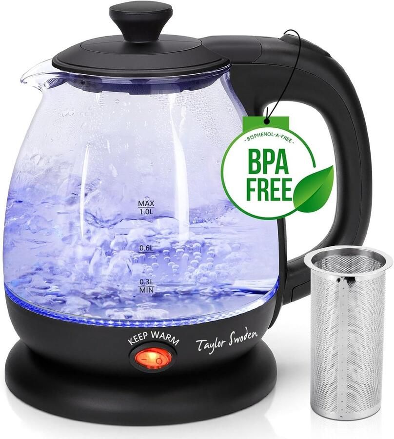 SnelShoppen 1 Liter Glazen Waterkoker met LED Warmhoudfunctie Afneembare Theefilter BPA Vrij voor Keuken Kantoor en Reizen