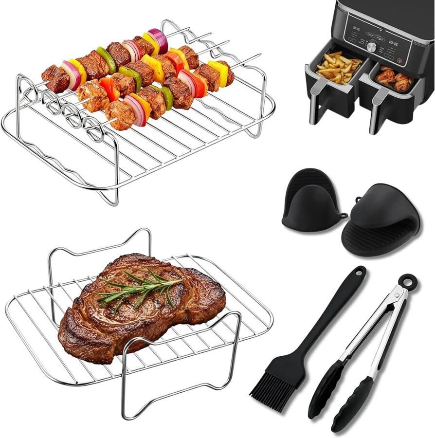 SnelShoppen 10-delige Air Fryer Accessoires Set RVS Grillrooster Skewers Silicone Handschoenen Anti-verbrandingsstang Geschikt voor Dual Zone