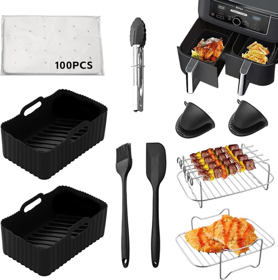 SnelShoppen 10-delige Set Accessoires voor Heteluchtfriteuse Siliconen Manden Grill Levensmiddelentang Olieborstel Perfect voor Ninja Foodi en