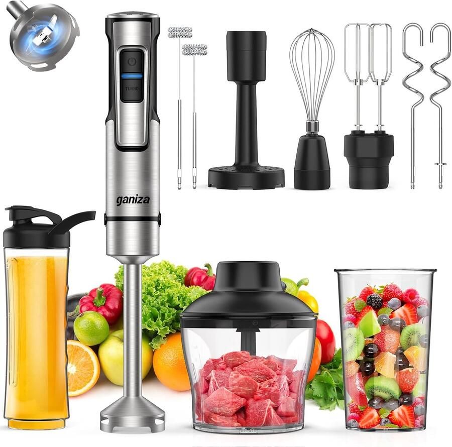 SnelShoppen 10-in-1 Staafmixer met 1200W Elektrische Handblender met Snelheidsregeling Turbo-knop Dubbele Melkopschuimer Voor Saus Milkshake en