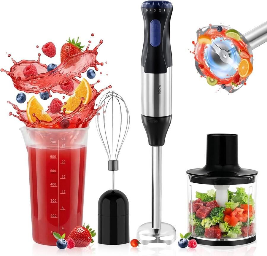 SnelShoppen 1000 W Multifunctionele Handmixer 4-in-1 5 Snelheden Turbo Spatwaterdicht Met Garde 500 ml Hakmolen 700 ml Maatbeker voor Keuken