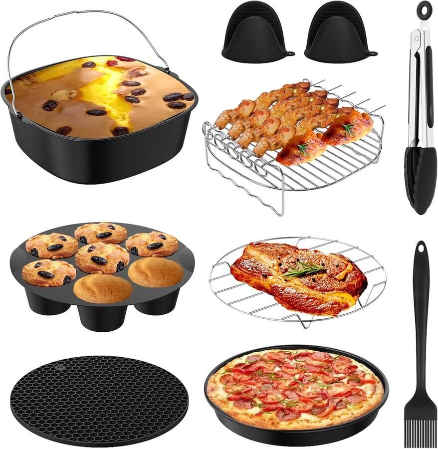 SnelShoppen 11-delige Air Fryer Accessoires Set voor XXL 5.5L en 6.2L BPA Vrij Inclusief Bakpan Pizzapan Geschikt voor Ninja Max Pro en Cecotec