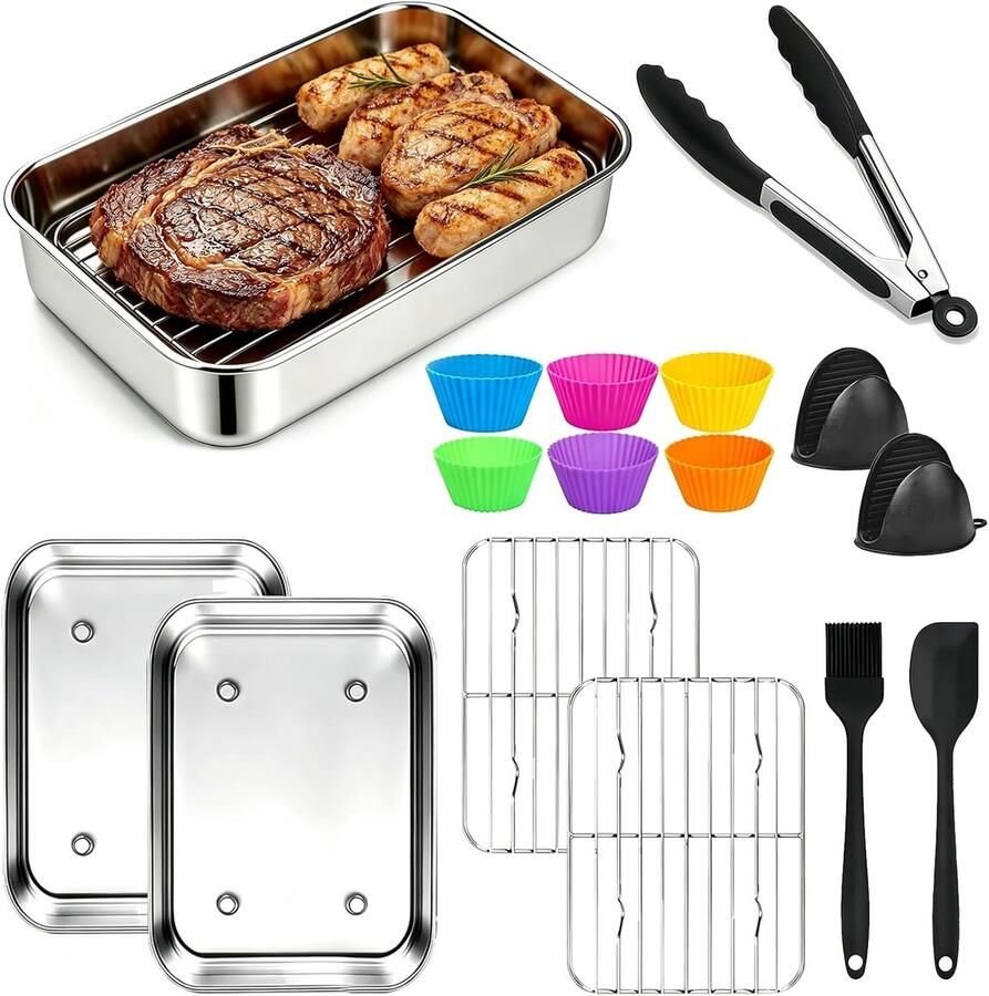 SnelShoppen 12-dlg. Airfryer Accessoireset Roestvrij Staal 304 Compatibel met Ninja AF300EU AF400EU AF451EU AF500EU 2× Bakvorm + 2× Grillrooster