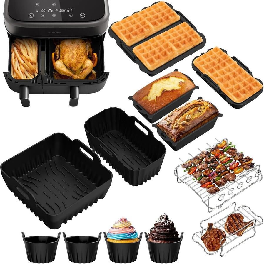 SnelShoppen 12 stuks Airfryer-accessoires voor Heteluchtfriteuse Siliconenvormen Inzetstukken Geschikt voor Philips Airfryer Dual Basket 3000 500