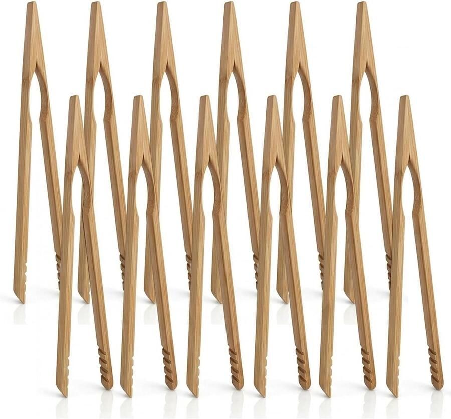 SnelShoppen 12 stuks Bamboetangen Broodtangen Broodroostertangen 18 cm Houten Kooktang Herbruikbare Keukentang Ideaal voor Brood Fruit BBQ en