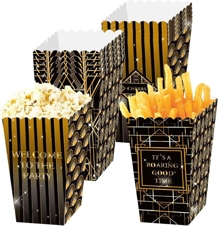 SnelShoppen 12 Stuks Roaring 20s Popcorn Dozen en Snoepzakken Retro Feestdecoraties in Zwart voor Verjaardagen Themafeesten en Evenementen