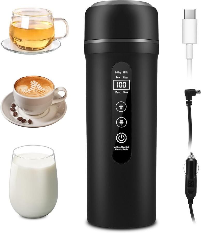 SnelShoppen 12V 24V Waterkoker Auto 500ml Roestvrij Staal Voor Vrachtwagen en Camper USB-C Warmhoudmodus (45-55°C) Intelligente Accu Waterkoker m