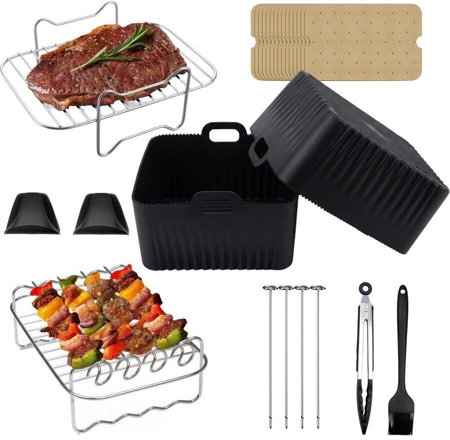 SnelShoppen 13-delige Airfryer Accessoireset voor Dubbele Heteluchtfriteuse AF300UK AF400UK Siliconen Voeringen Racks Spiesjes Handschoenen en