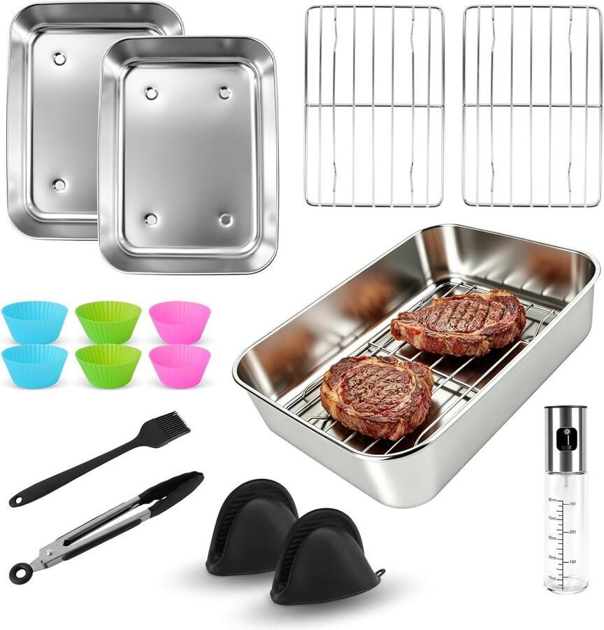 SnelShoppen 15-delige accessoires set voor heteluchtfriteuse 304 roestvrijstalen manden vaatwasmachinebestendig met oliespuit siliconen handscho