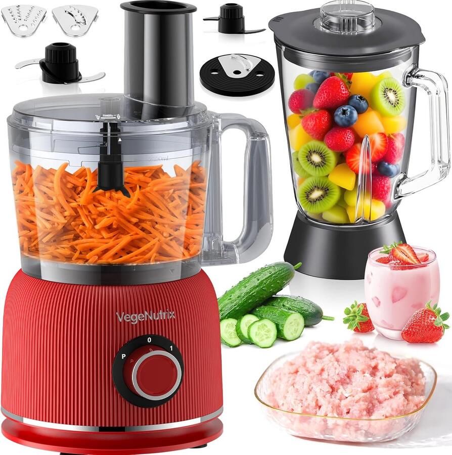 SnelShoppen 1500W Foodprocessor en Blender Combinatie 2.5L Hakker voor Vlees Groenten en Deeg 2L Glas Blender met 2 Snelheden en Pulsefunctie v