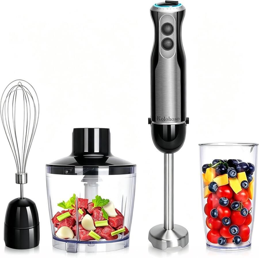 SnelShoppen 1500W Staafmixer 4 In 1 Handblender Met 20 Snelheden Turbo Functie RVS 304 Messen Inclusief Garde Hakmolen 500ML Maatbeker 600ML B