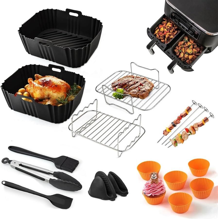 SnelShoppen 18-delige heteluchtfriteuse accessoires set voor airfryer silicone bakmat antiaanbaklaag geschikt voor Ninja Foodi Max Dual Zone Cos