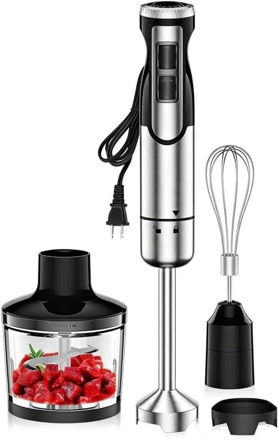 SnelShoppen 1800 W 4-in-1 Staafmixer voor Soepen Babyvoeding Smoothies Inclusief Garde Hakmolen Mixbeker met Turbofunctie en 8 Snelheden voor