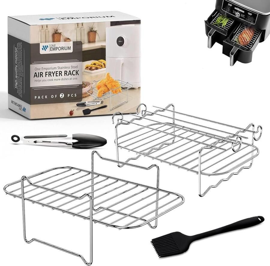 SnelShoppen 2-delige Air Fryer Rack Set RVS Accessoires voor Airfryer met Oliekwast & Keukentangen Geschikt voor Dubbele Mand Airfryers Verhoo