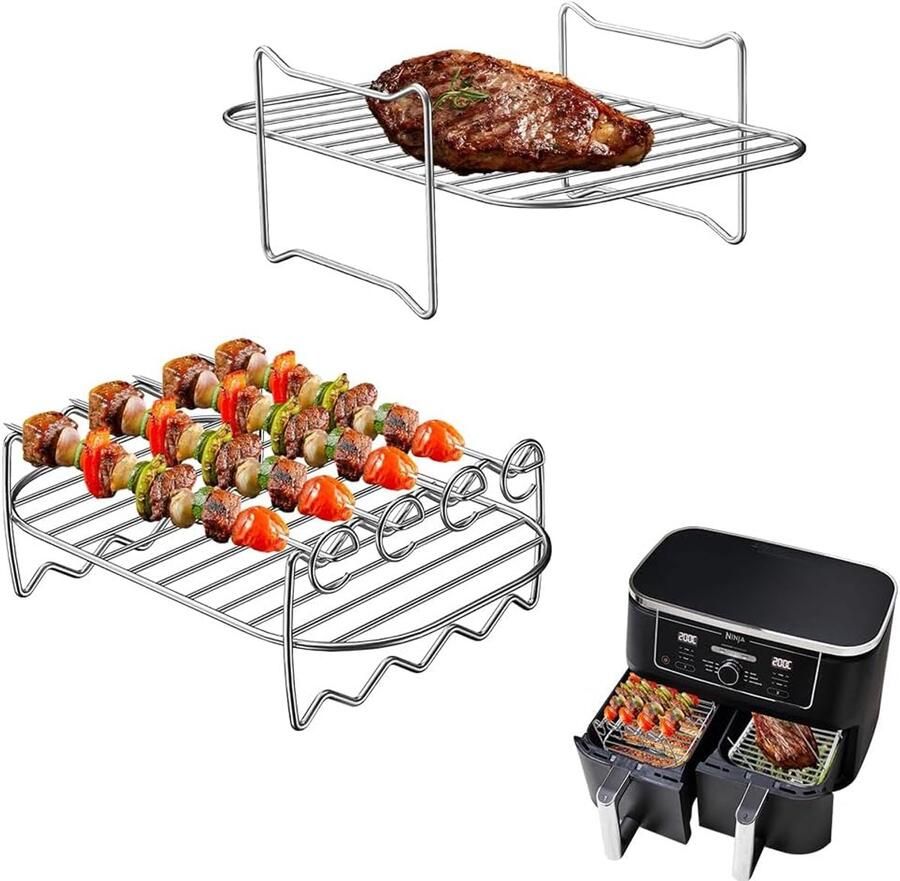 SnelShoppen 2-Delige Heteluchtfriteuse Grillrek Roestvrijstalen Friteuseaccessoires 304 Multifunctionele Dubbellaagse Standaard met Spiesen voor G