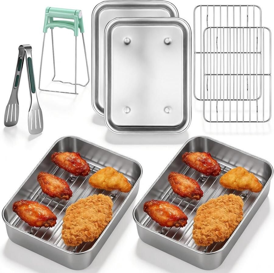SnelShoppen 2-delige Roestvrijstalen Luchtfriteuse Voeringen 20x15x5 cm met Rek Zange en Lifter Duurzame Airfryer Accessoires voor Bakken Grille
